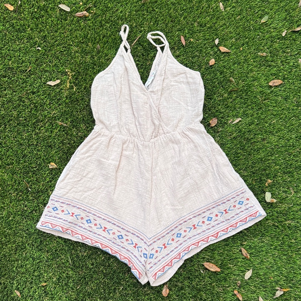 Lush Cream Romper with Colorful Embroidered Hem